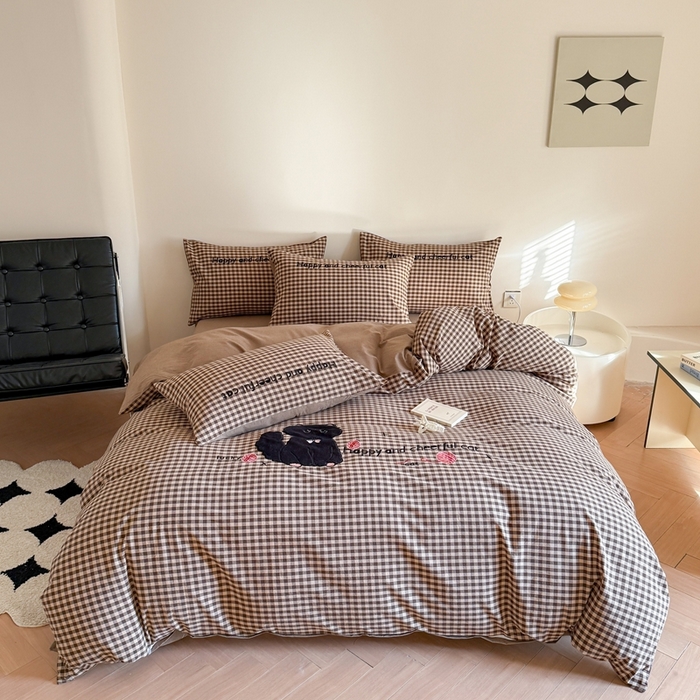 蜜柚 2025秋冬新款全棉水洗棉格子贴布绣四件套 格子猫猫-复古咖
