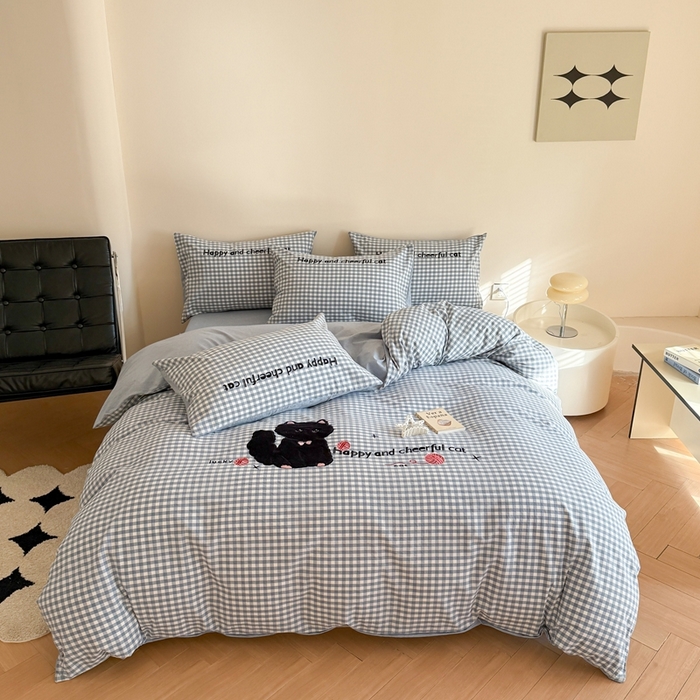 蜜柚 2025秋冬新款全棉水洗棉格子贴布绣四件套 格子猫猫-青春蓝
