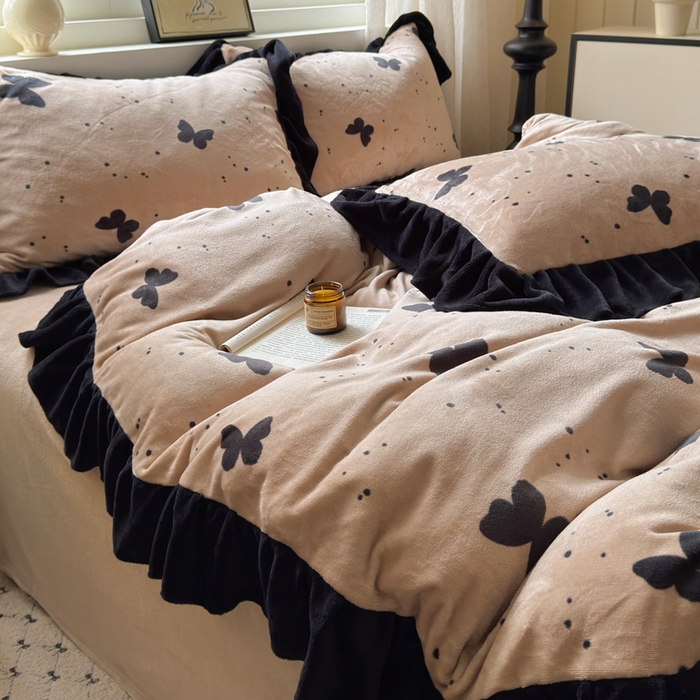 91家纺网 家纺一手货源 找家纺 2025新款赫本风牛奶绒-花边款四件套 花边款-蝴蝶