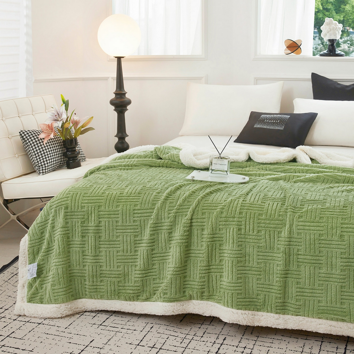 91家纺网 家纺一手货源 找家纺 肖恩毯业 2025新款提花舒棉绒羊羔绒毛毯 青木绿