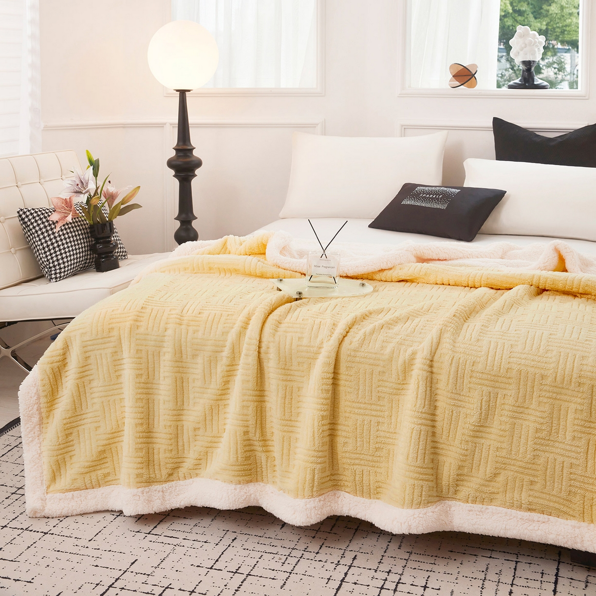 91家纺网 家纺一手货源 找家纺 肖恩毯业 2025新款提花舒棉绒羊羔绒毛毯 稻香黄