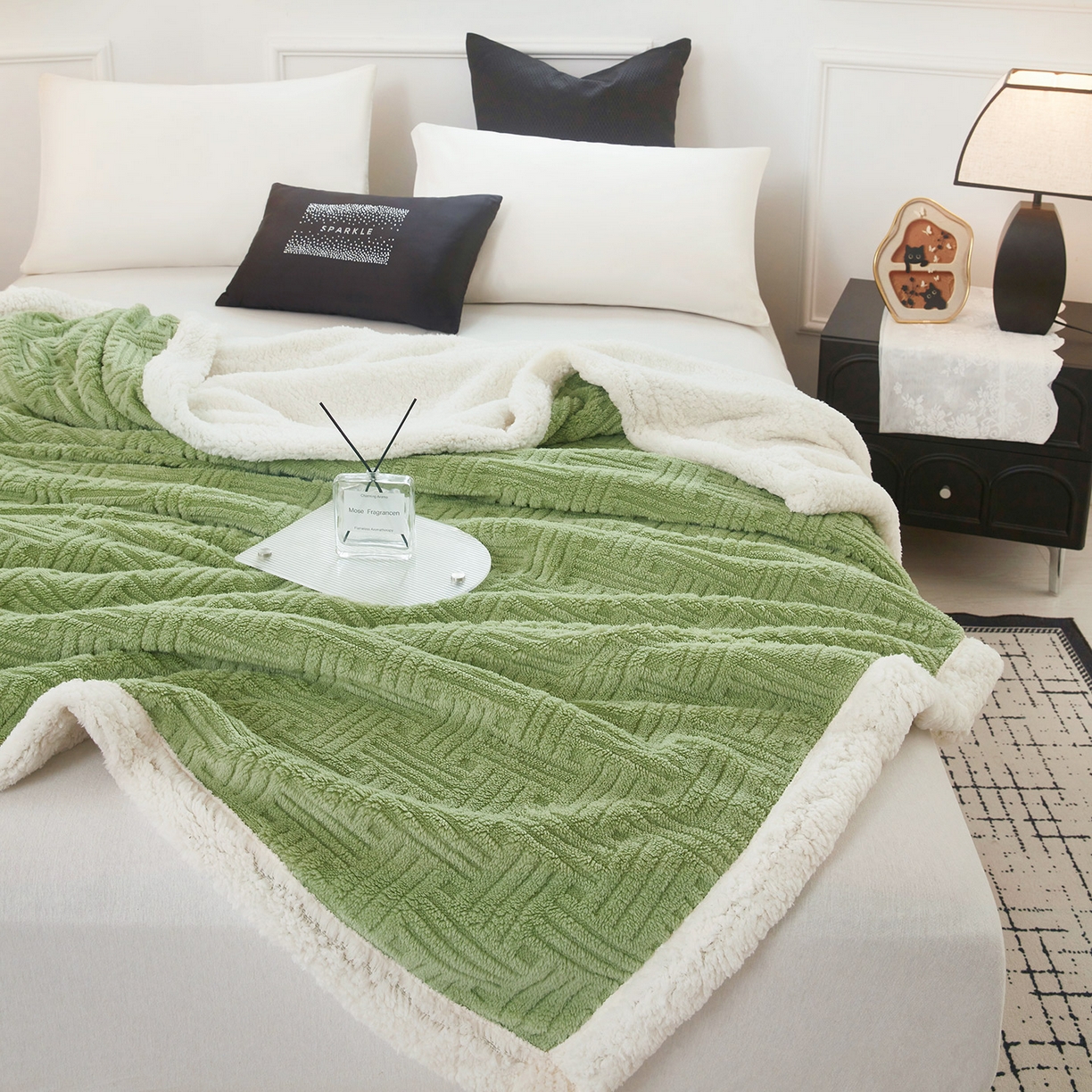 91家纺网 家纺一手货源 找家纺 肖恩毯业 2025新款提花舒棉绒羊羔绒毛毯 青木绿