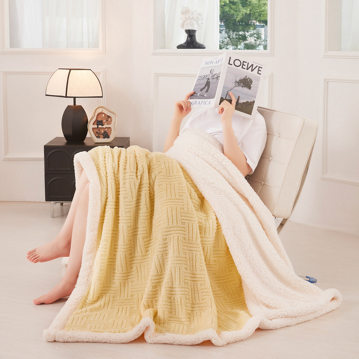 91家纺网 家纺一手货源 找家纺 肖恩毯业 2025新款提花舒棉绒羊羔绒毛毯 稻香黄