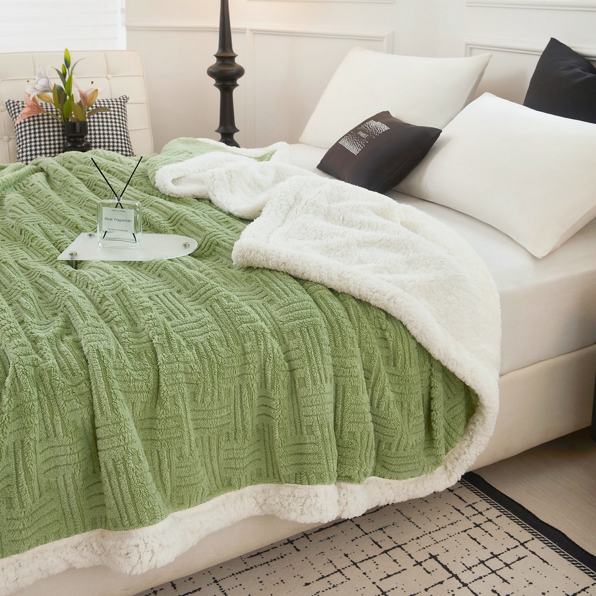 91家纺网 家纺一手货源 找家纺 肖恩毯业 2025新款提花舒棉绒羊羔绒毛毯 青木绿