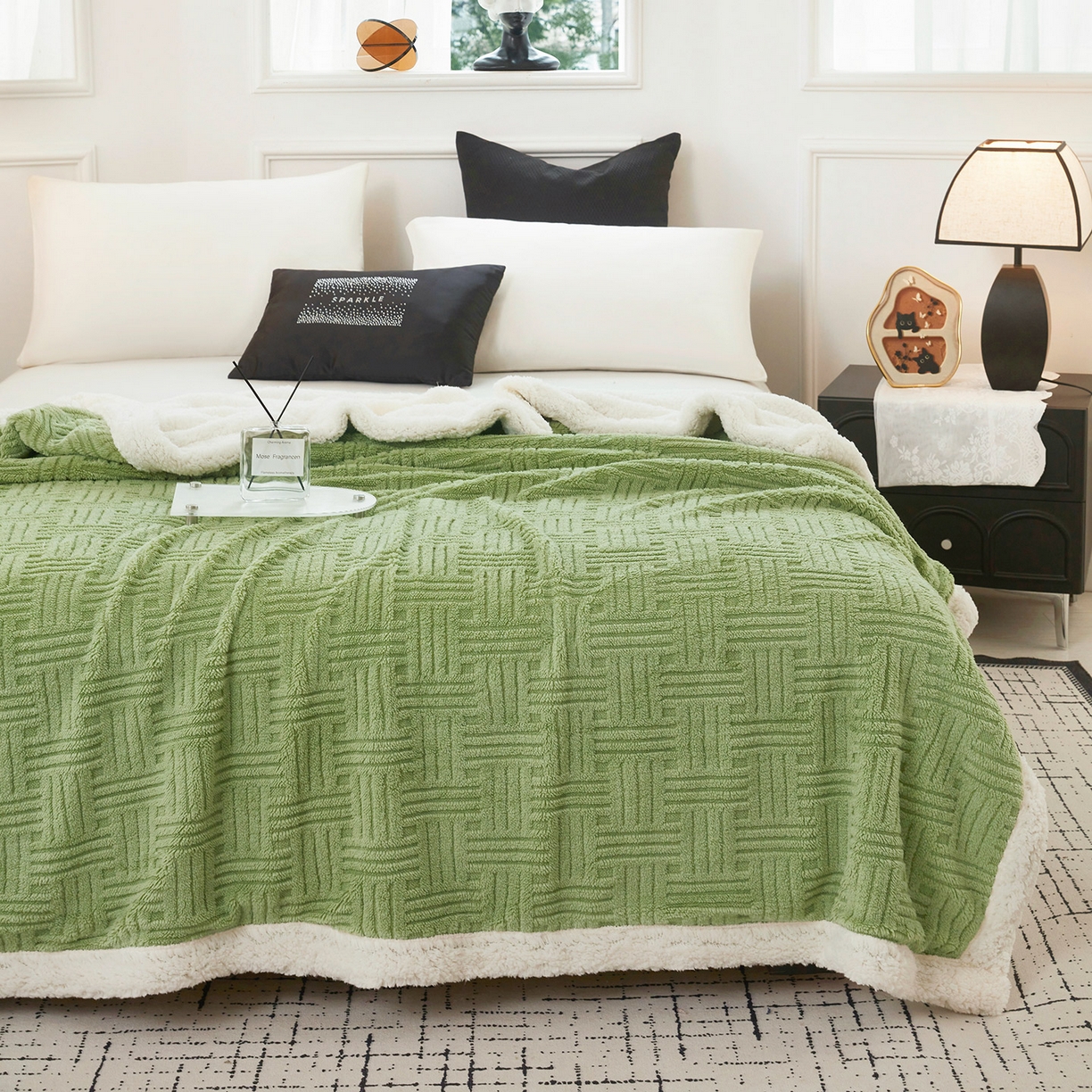 91家纺网 家纺一手货源 找家纺 肖恩毯业 2025新款提花舒棉绒羊羔绒毛毯 青木绿