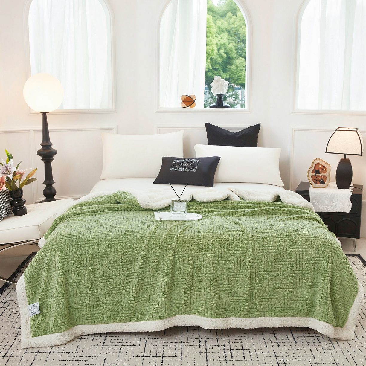 91家纺网 家纺一手货源 找家纺 肖恩毯业 2025新款提花舒棉绒羊羔绒毛毯 青木绿