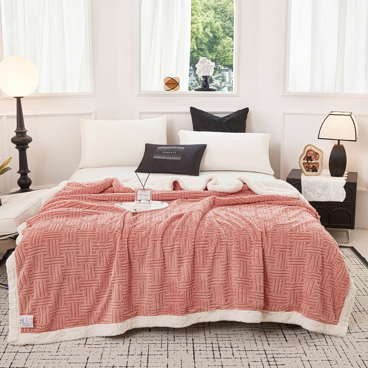 肖恩毯业 2025新款提花舒棉绒羊羔绒毛毯 桃粉色