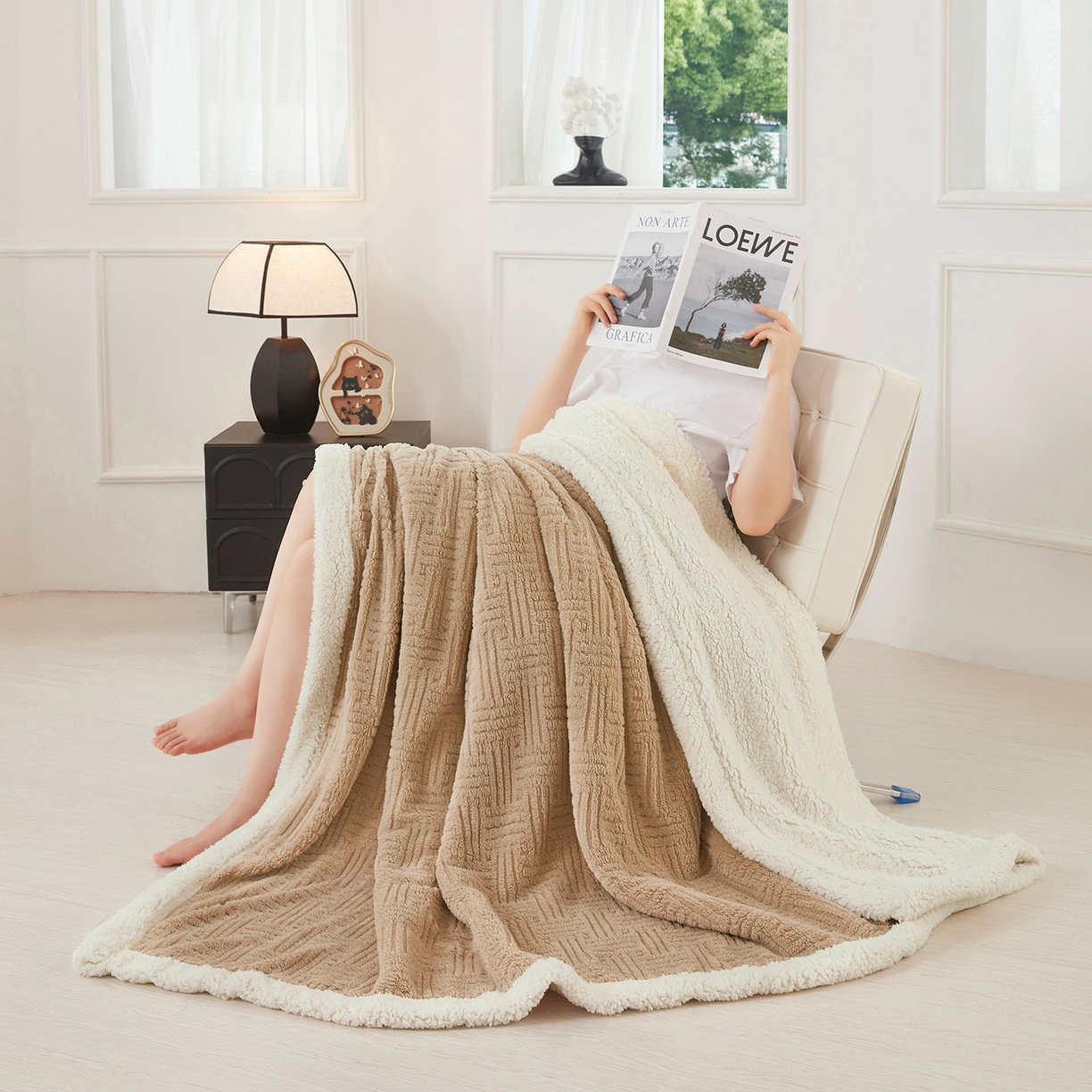 91家纺网 家纺一手货源 找家纺 肖恩毯业 2025新款提花舒棉绒羊羔绒毛毯 深卡其