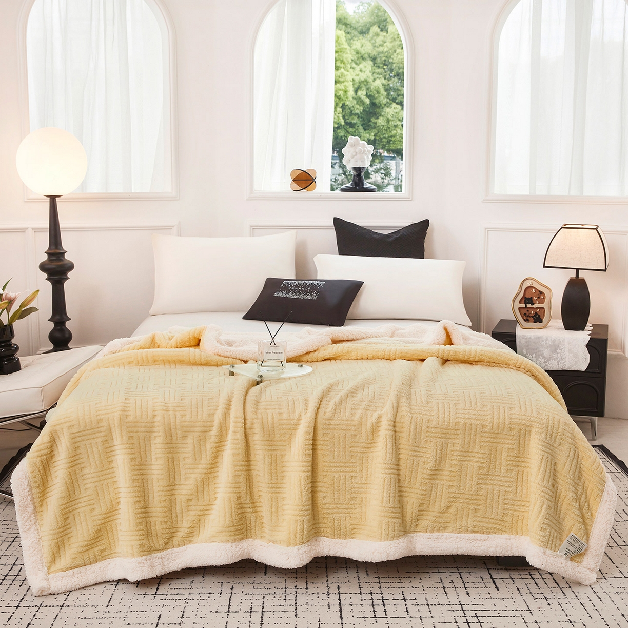 91家纺网 家纺一手货源 找家纺 肖恩毯业 2025新款提花舒棉绒羊羔绒毛毯 稻香黄