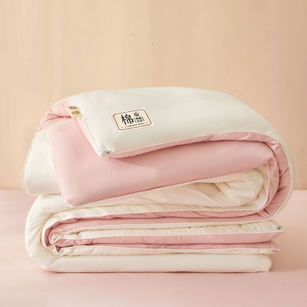 91家纺网 家纺一手货源 找家纺 美梦里 2025新款A类拼色新疆棉花被被子被芯 新疆棉花被-本素粉