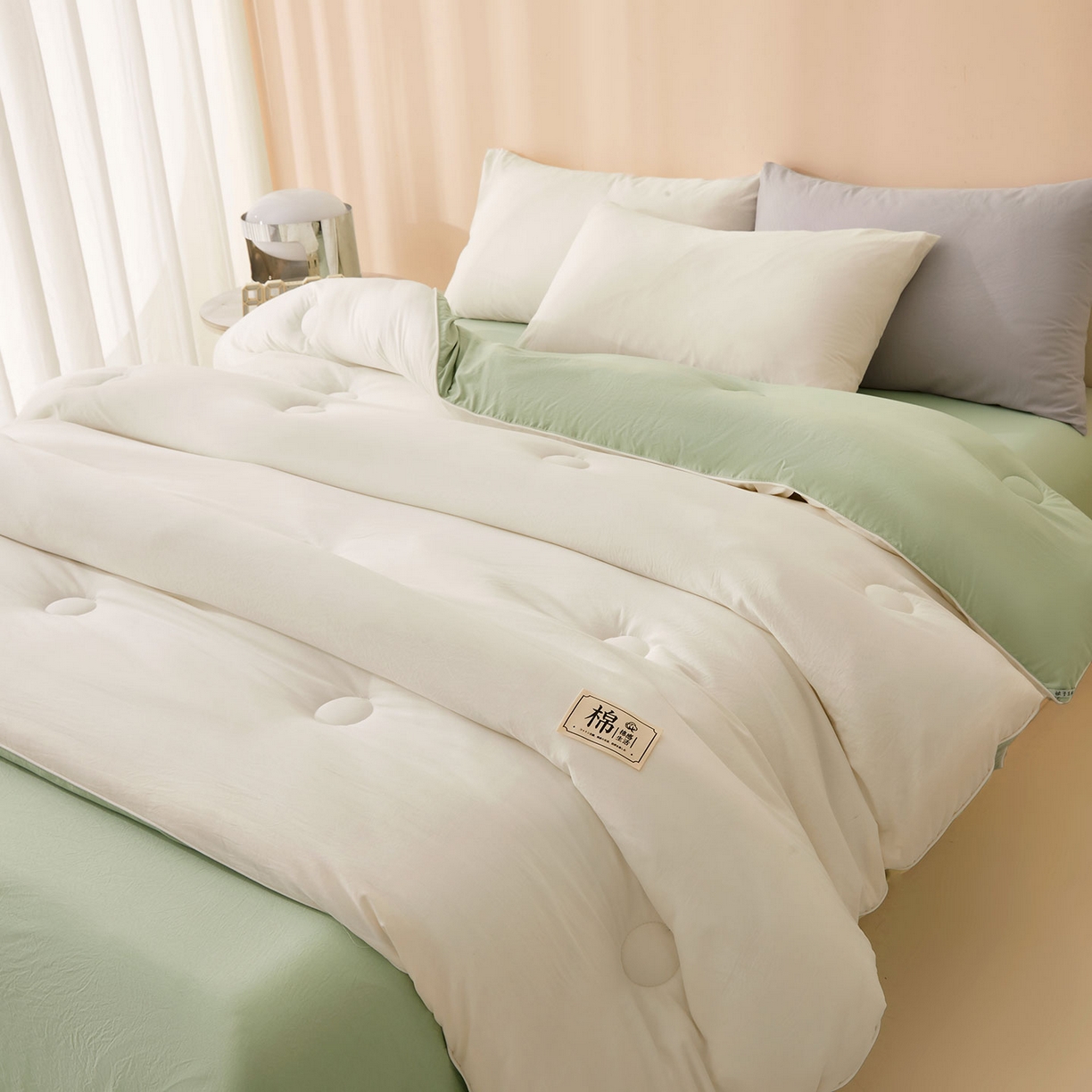 91家纺网 家纺一手货源 找家纺 美梦里 2025新款A类拼色新疆棉花被被子被芯 新疆棉花被-本素绿