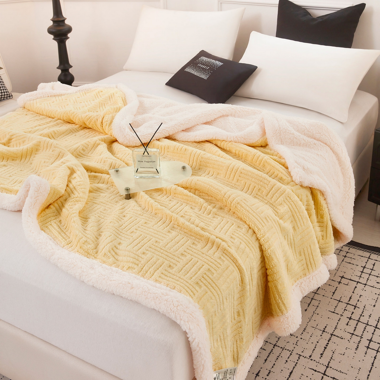 91家纺网 家纺一手货源 找家纺 肖恩毯业 2025新款提花舒棉绒羊羔绒毛毯 稻香黄