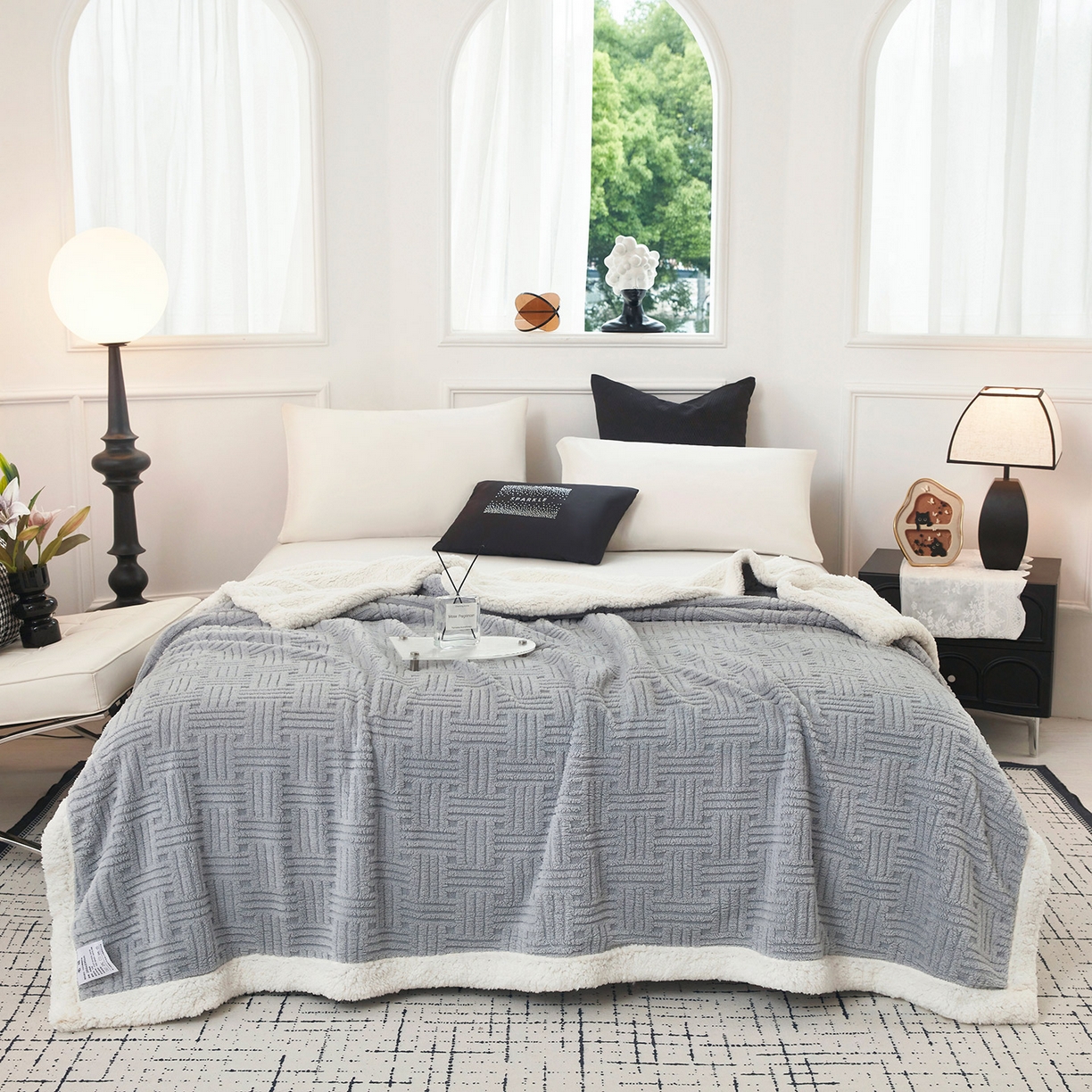 肖恩毯业 2025新款提花舒棉绒羊羔绒毛毯 冰川灰
