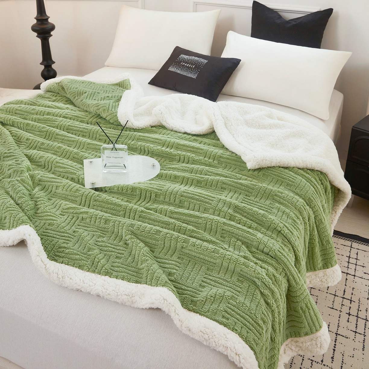 91家纺网 家纺一手货源 找家纺 肖恩毯业 2025新款提花舒棉绒羊羔绒毛毯 青木绿