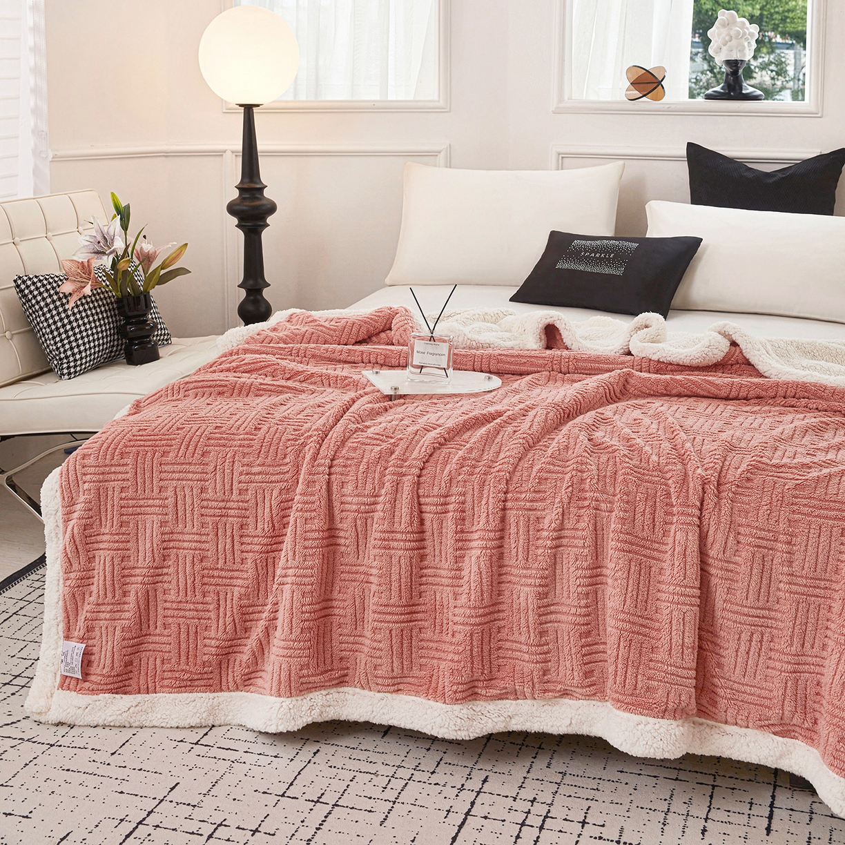 91家纺网 家纺一手货源 找家纺 肖恩毯业 2025新款提花舒棉绒羊羔绒毛毯 桃粉色