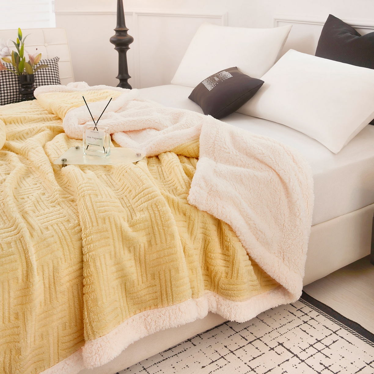 91家纺网 家纺一手货源 找家纺 肖恩毯业 2025新款提花舒棉绒羊羔绒毛毯 稻香黄