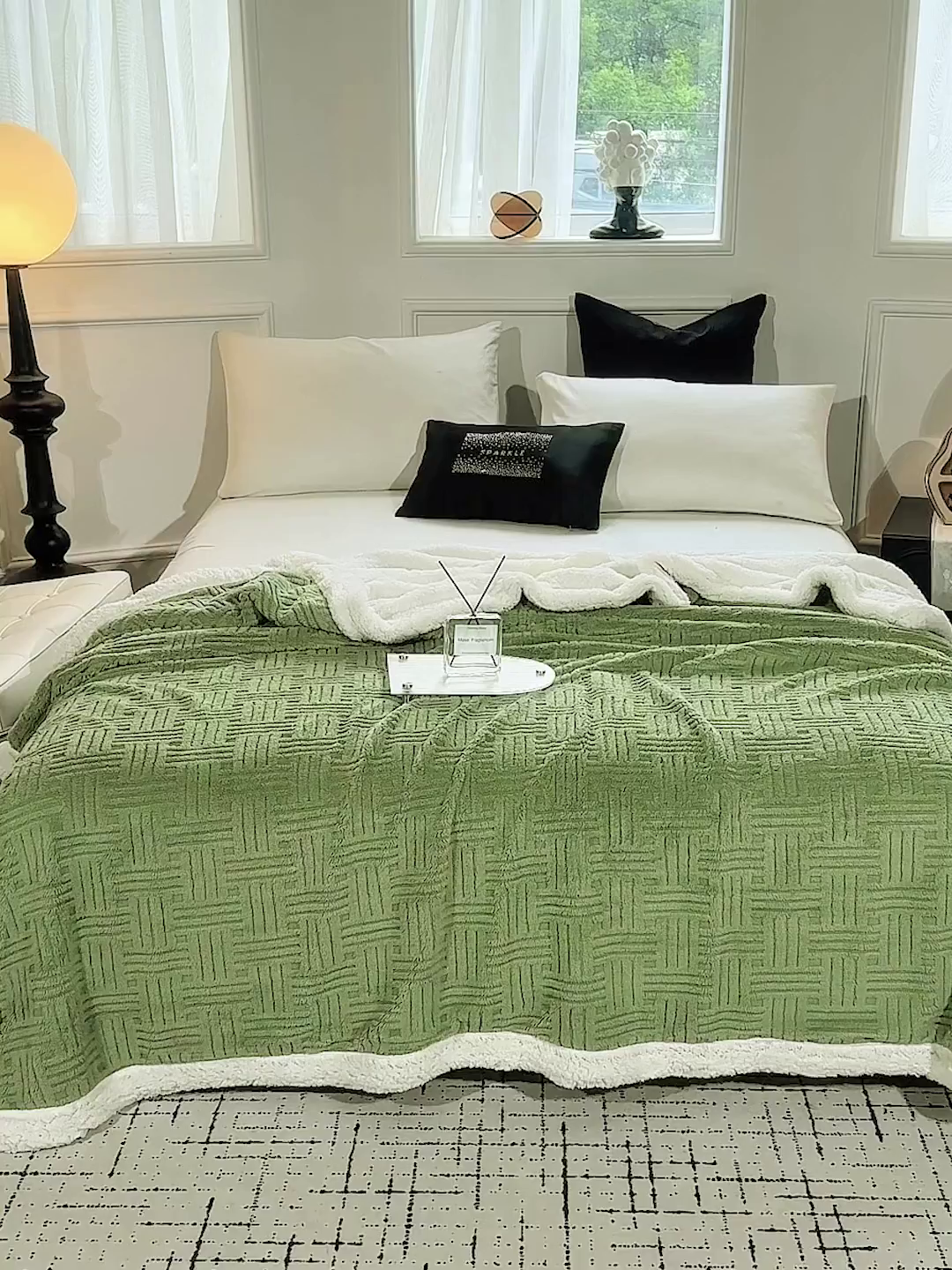 91家纺网 家纺一手货源 找家纺 肖恩毯业 2025新款提花舒棉绒羊羔绒毛毯 青木绿