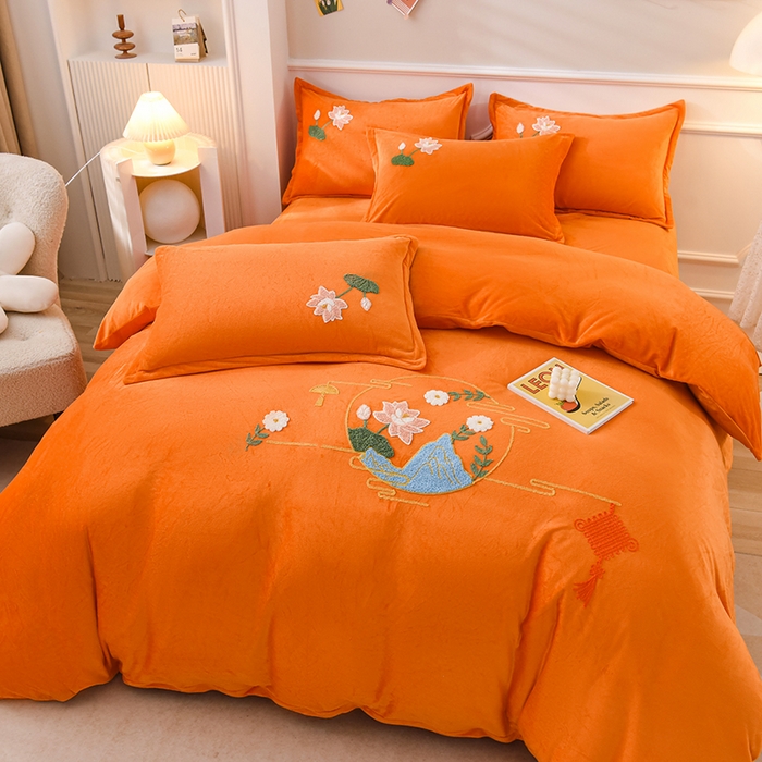 提花大世界 2025新款宝宝绒绣花款牛奶绒婴儿绒保暖四件套 花辰月夕-橘色