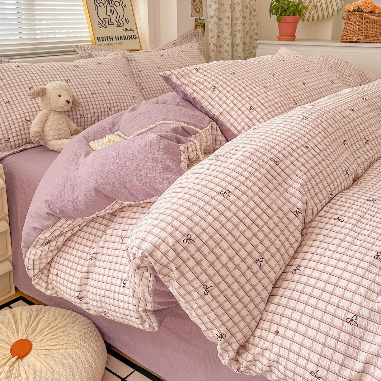 典曼家纺 2025新款高克重云柔古法小布袋四件套 格子蝴蝶结