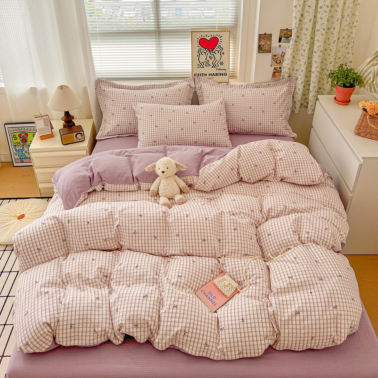 91家纺网 家纺一手货源 找家纺 典曼家纺 2025新款高克重云柔古法小布袋四件套 格子蝴蝶结