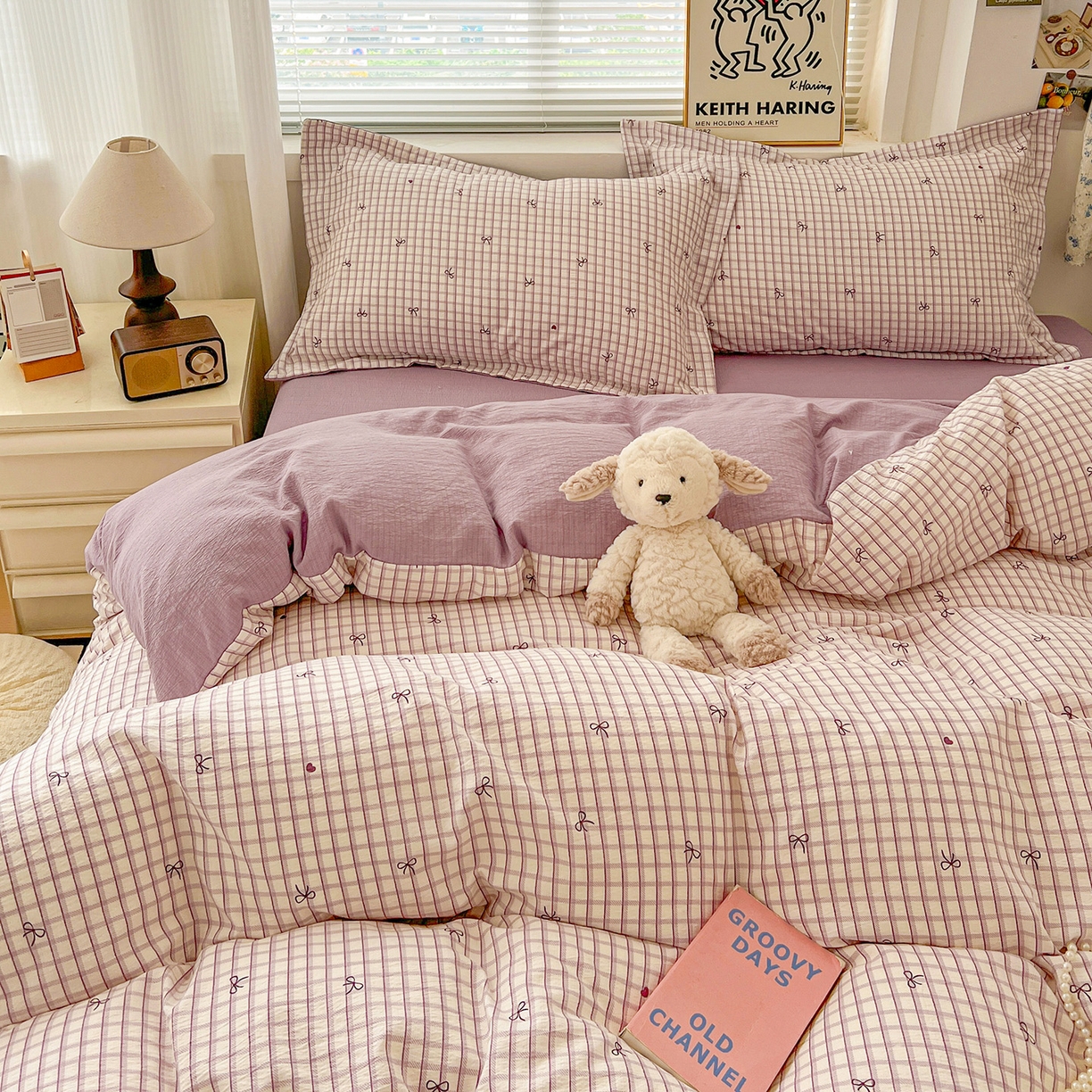 91家纺网 家纺一手货源 找家纺 典曼家纺 2025新款高克重云柔古法小布袋四件套 格子蝴蝶结