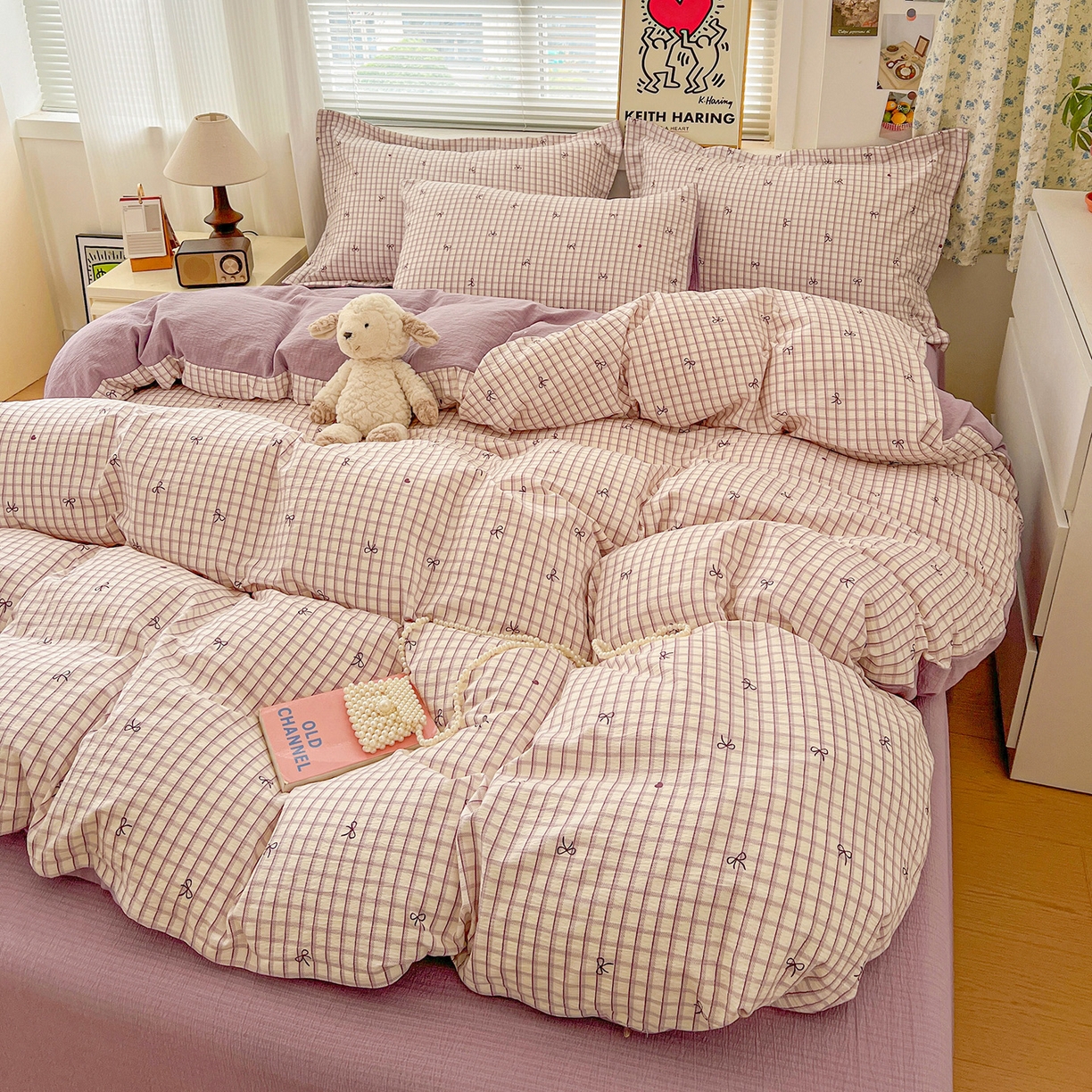 91家纺网 家纺一手货源 找家纺 典曼家纺 2025新款高克重云柔古法小布袋四件套 格子蝴蝶结