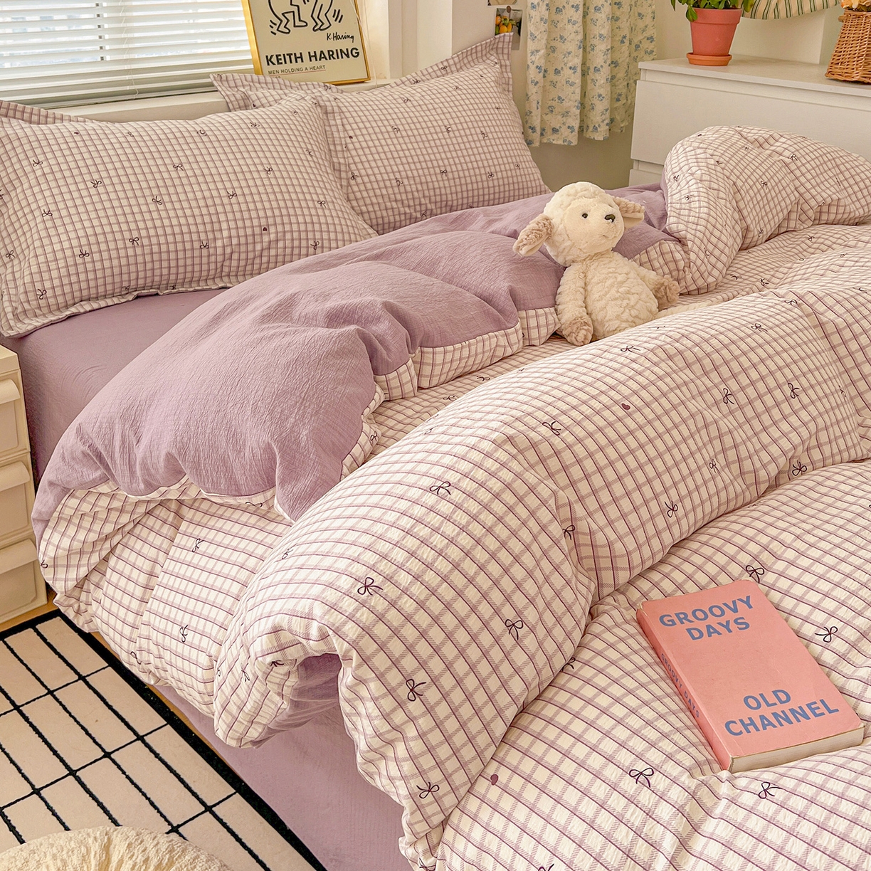 91家纺网 家纺一手货源 找家纺 典曼家纺 2025新款高克重云柔古法小布袋四件套 格子蝴蝶结