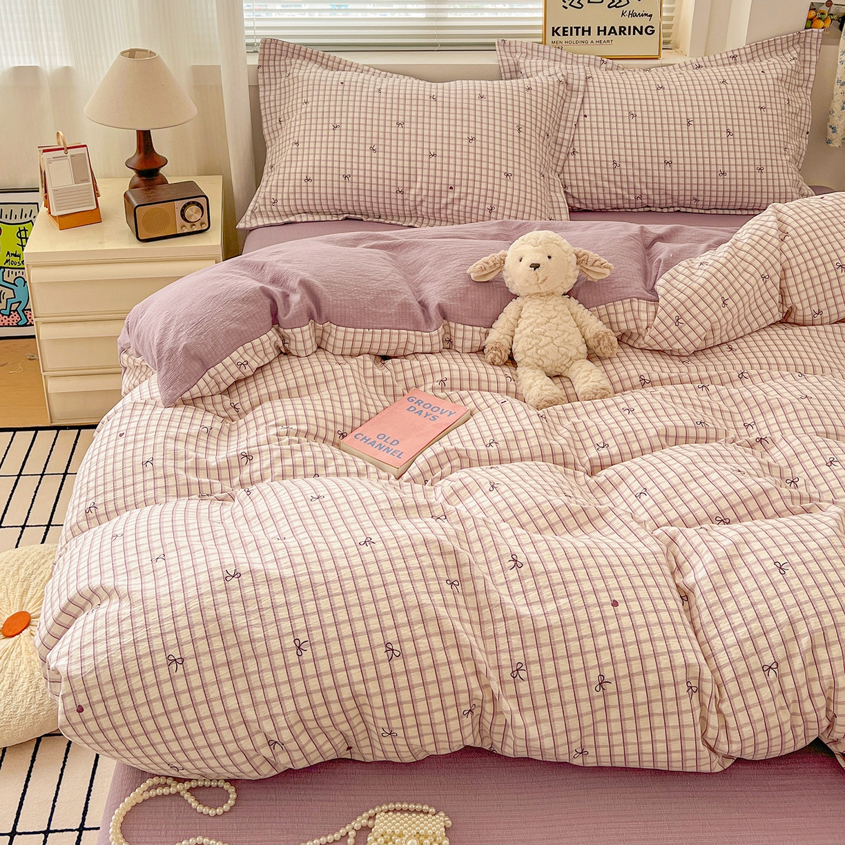 91家纺网 家纺一手货源 找家纺 典曼家纺 2025新款高克重云柔古法小布袋四件套 格子蝴蝶结