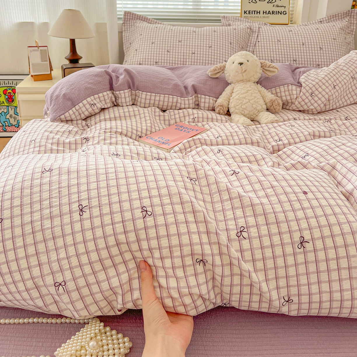 91家纺网 家纺一手货源 找家纺 典曼家纺 2025新款高克重云柔古法小布袋四件套 格子蝴蝶结