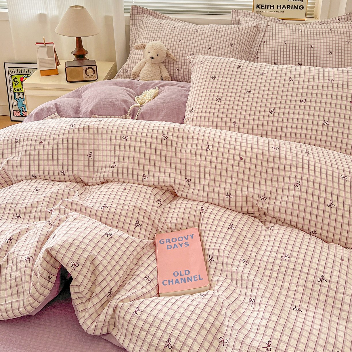 91家纺网 家纺一手货源 找家纺 典曼家纺 2025新款高克重云柔古法小布袋四件套 格子蝴蝶结