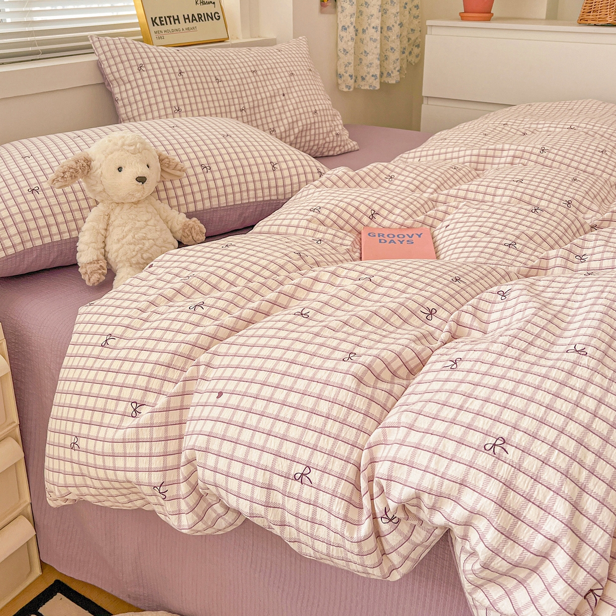 91家纺网 家纺一手货源 找家纺 典曼家纺 2025新款高克重云柔古法小布袋四件套 格子蝴蝶结