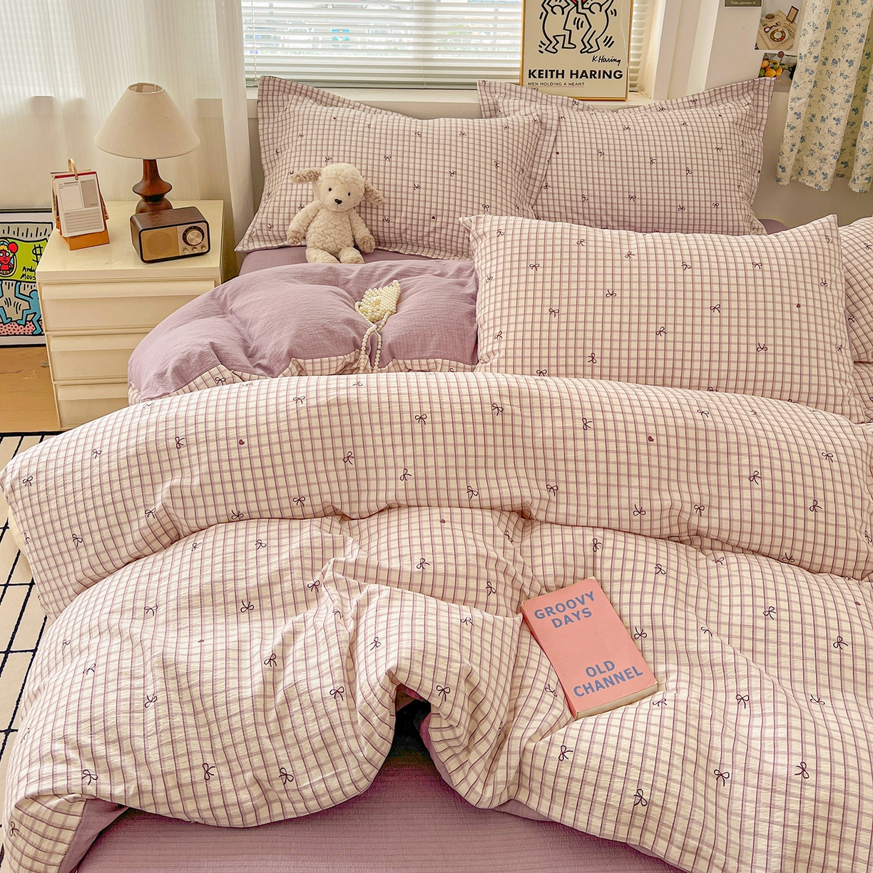 91家纺网 家纺一手货源 找家纺 典曼家纺 2025新款高克重云柔古法小布袋四件套 格子蝴蝶结