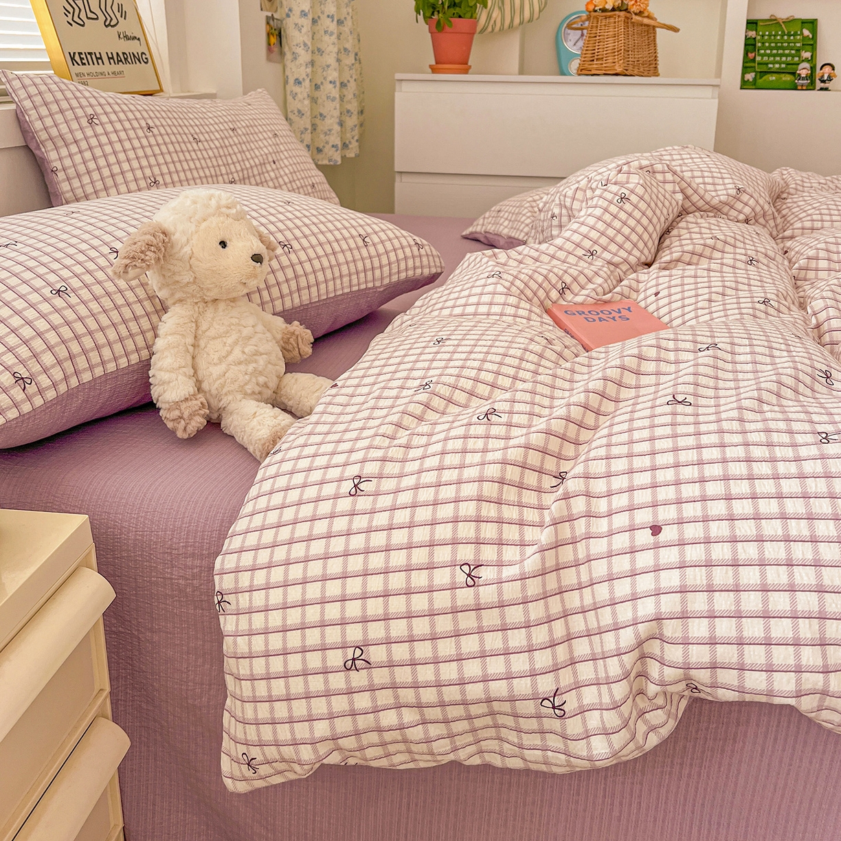 91家纺网 家纺一手货源 找家纺 典曼家纺 2025新款高克重云柔古法小布袋四件套 格子蝴蝶结