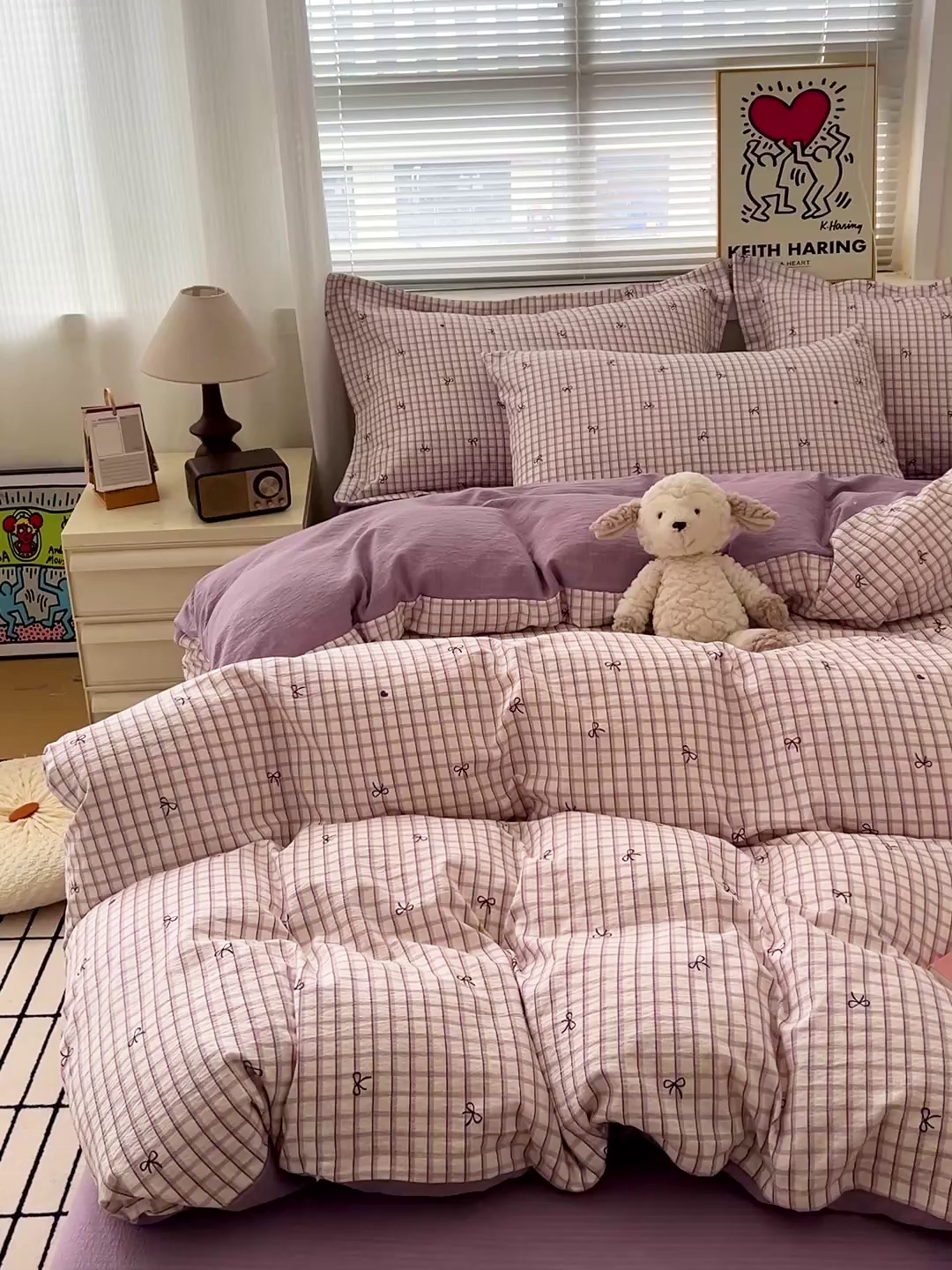 91家纺网 家纺一手货源 找家纺 典曼家纺 2025新款高克重云柔古法小布袋四件套 格子蝴蝶结