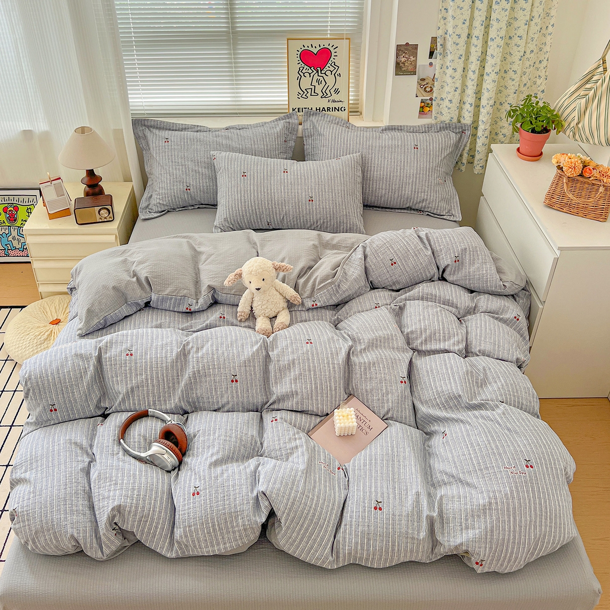 91家纺网 家纺一手货源 找家纺 典曼家纺 2025新款高克重云柔古法小布袋四件套 红樱桃