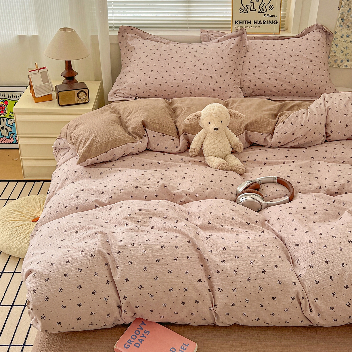 91家纺网 家纺一手货源 找家纺 典曼家纺 2025新款高克重云柔古法小布袋四件套 蝴蝶结点点