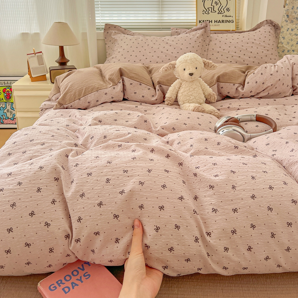 91家纺网 家纺一手货源 找家纺 典曼家纺 2025新款高克重云柔古法小布袋四件套 蝴蝶结点点