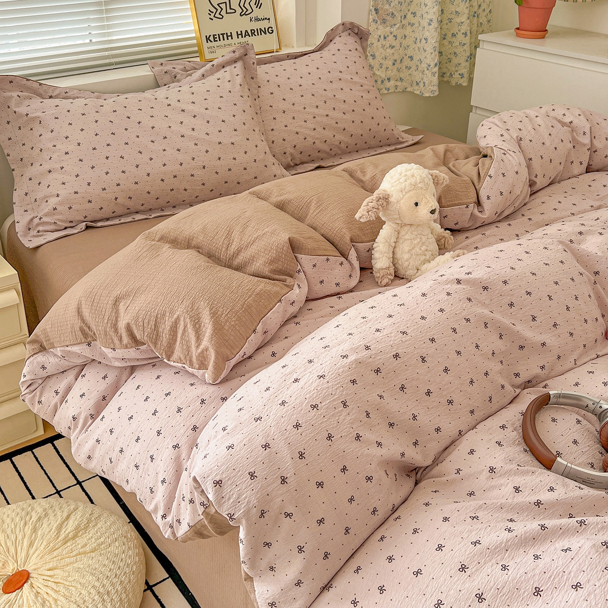 91家纺网 家纺一手货源 找家纺 典曼家纺 2025新款高克重云柔古法小布袋四件套 蝴蝶结点点