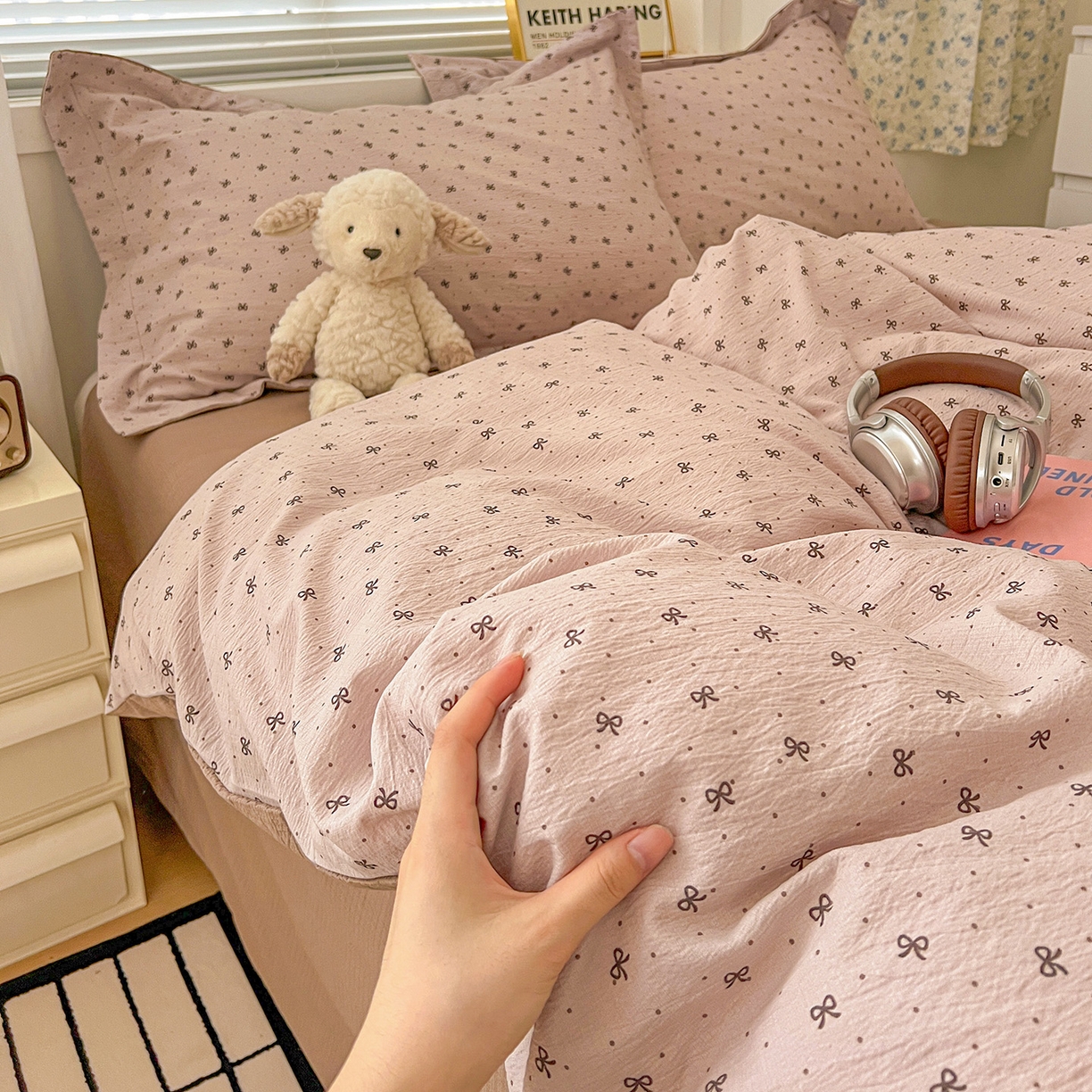 91家纺网 家纺一手货源 找家纺 典曼家纺 2025新款高克重云柔古法小布袋四件套 蝴蝶结点点