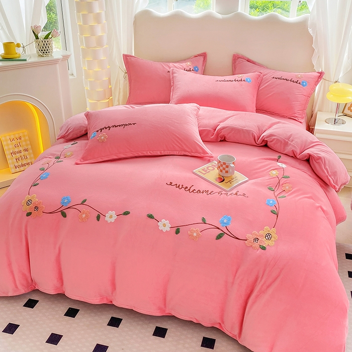 提花大世界 2025新款宝宝绒绣花款牛奶绒婴儿绒保暖四件套 花之隐逸-粉玉