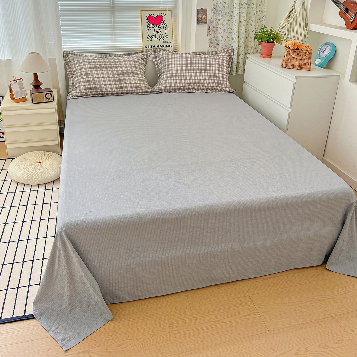 91家纺网 家纺一手货源 找家纺 典曼家纺 2025新款高克重云柔古法小布袋四件套 灰咖小格