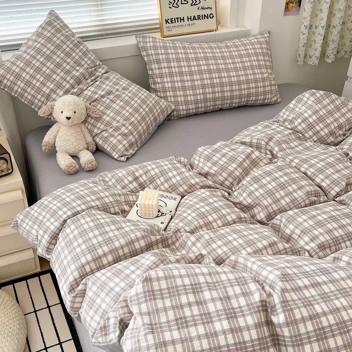 91家纺网 家纺一手货源 找家纺 典曼家纺 2025新款高克重云柔古法小布袋四件套 灰咖小格