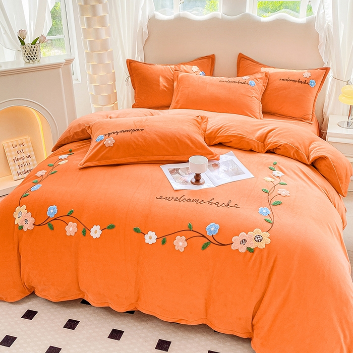 提花大世界 2025新款宝宝绒绣花款牛奶绒婴儿绒保暖四件套 花之隐逸-橘色