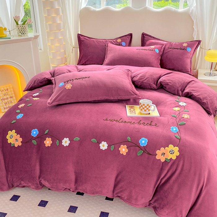 提花大世界 2025新款宝宝绒绣花款牛奶绒婴儿绒保暖四件套 花之隐逸-深豆沙