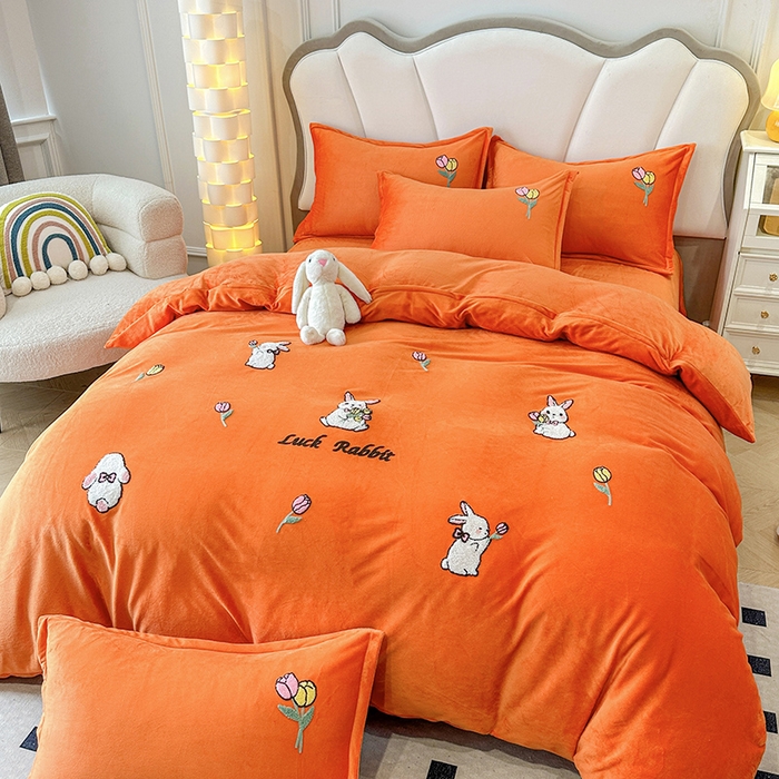 提花大世界 2025新款宝宝绒绣花款牛奶绒婴儿绒保暖四件套 兔兔花园-橘色