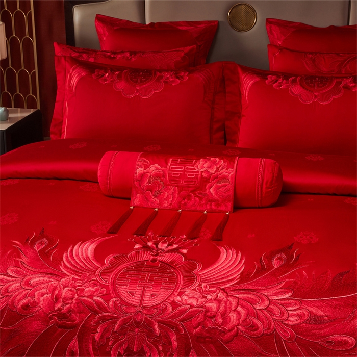 宏羽纺家纺 2025新款高支高密全棉提花新中式婚庆多件套 高支高密富贵望族-红