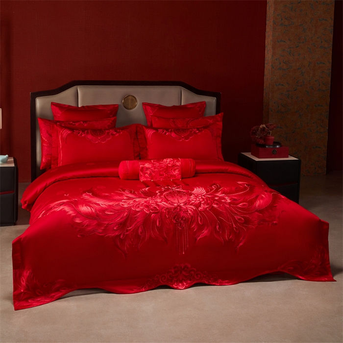 91家纺网 家纺一手货源 找家纺 宏羽纺家纺 2025新款高支高密全棉提花新中式婚庆多件套 高支高密富贵望族-红