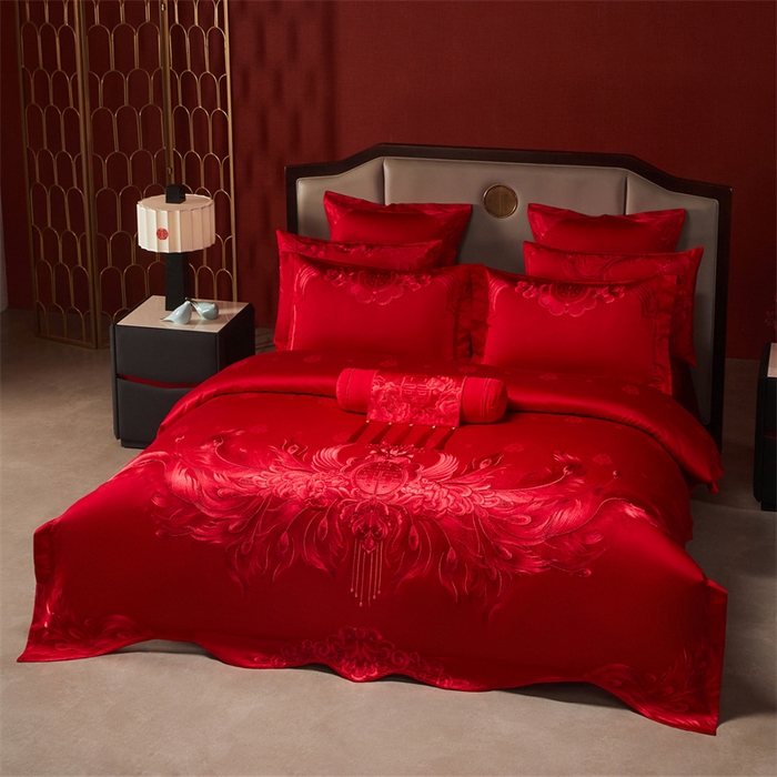 91家纺网 家纺一手货源 找家纺 宏羽纺家纺 2025新款高支高密全棉提花新中式婚庆多件套 高支高密富贵望族-红