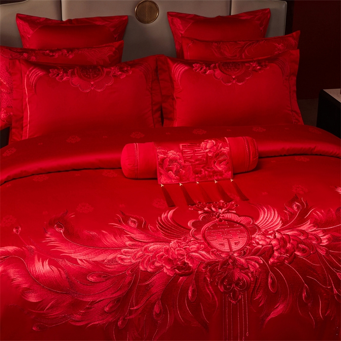 91家纺网 家纺一手货源 找家纺 宏羽纺家纺 2025新款高支高密全棉提花新中式婚庆多件套 高支高密富贵望族-红