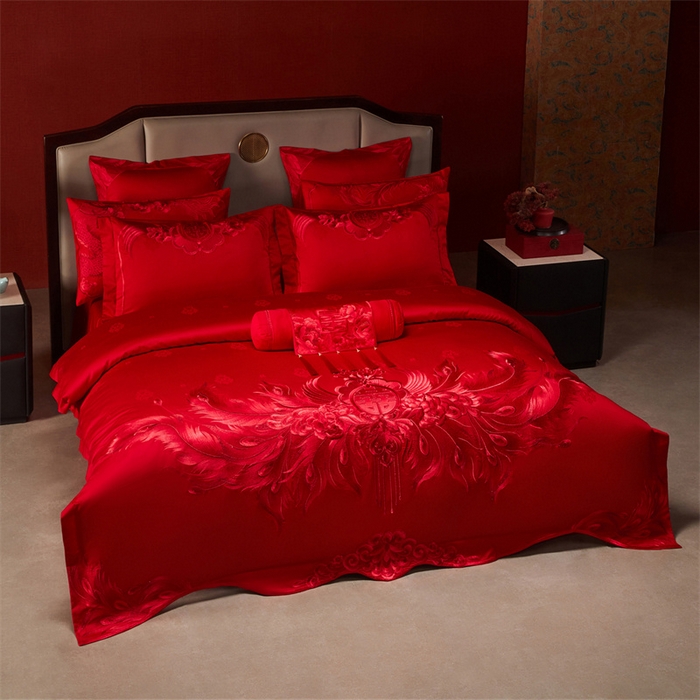 91家纺网 家纺一手货源 找家纺 宏羽纺家纺 2025新款高支高密全棉提花新中式婚庆多件套 高支高密富贵望族-红